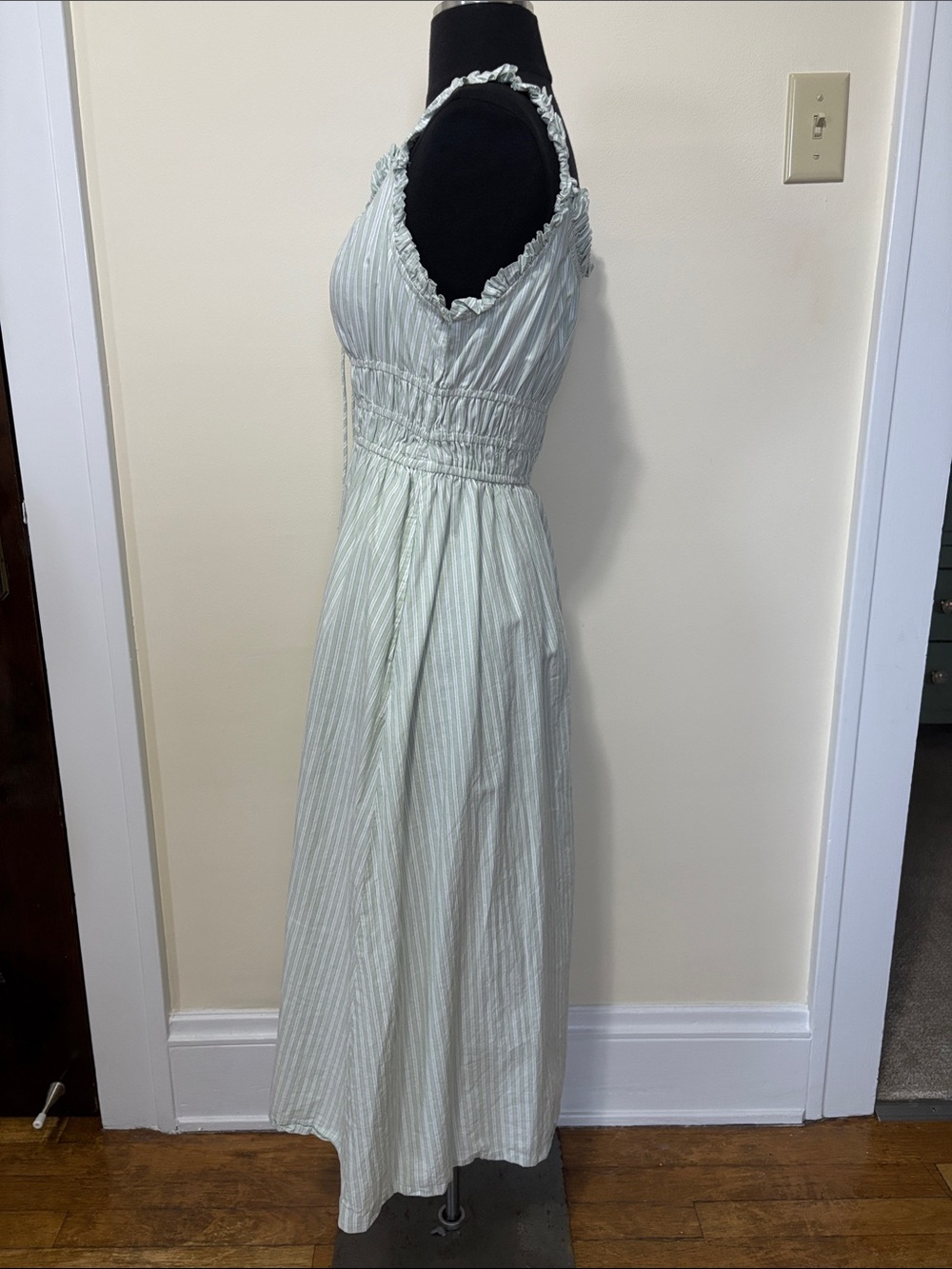 Old Navy Sage Green Striped Midi Dress with Ruffled Straps and Smocked Waist - Picture 5 of 15